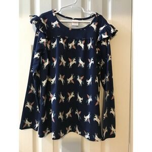 Hanna Andersson Girls Ruffle Swing Top Long sleeve Navy w/Unicorns Sz 12 / 150